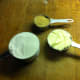 Ingredients for base of cherry squares: flour, brown sugar and butter
