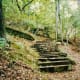 Hiking in a wooded setting to get to view Pivot Rock