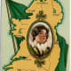 Vintage St. Patrick's Day greeting cards: Pretty woman's portrait over Ireland map and vintage Irish flag