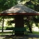 Mushroom-shaped covering over benches in the park