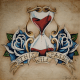An hourglass design with blood and flowers.