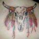Feathers hanging from the skulls antlers.