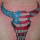 A red, white, and blue bull skull.