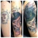 The use of the colour black has worked well with this tattoo, and the face draws the eye away from the cover-up itself.