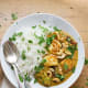 Halloumi curry with cashew nut sauce and broccoli