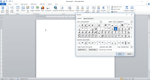 insert fractions into word doc