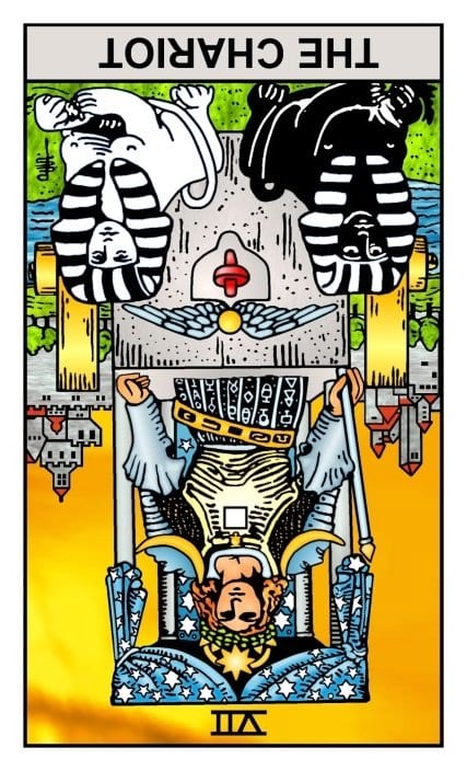 This is "The Chariot," reversed. Upright it means triumph and mind-over-matter. Reversed it means loss of focus or "losing one's way." Those things do happen, and a real Tarot reader will tell you so and how to avoid any pitfalls in your path.