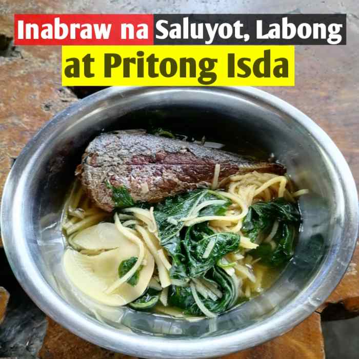 Inabraw na saluyot, labong at pritong isda is a Filipino vegetable stew with fried fish.