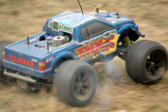 On this type of open-wheeled RC vehicle, the shock tower is fully visible.