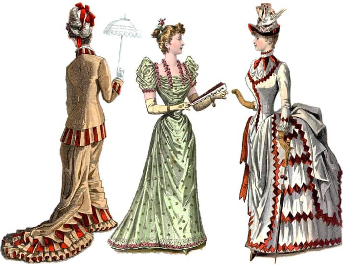 Victorian fashion plate: left is an early 1880s daywear dress; center is an 1880s evening dress; right is a mid-1880s day dress.