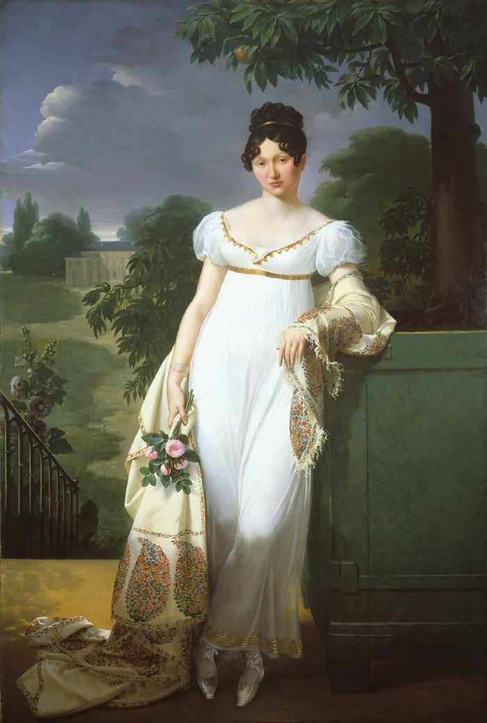 Regency style—white dress circa 1808.
