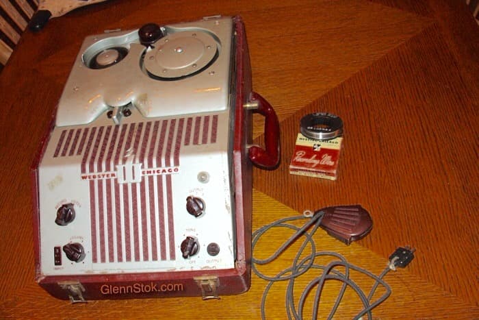 My Webster Wire Recorder Model 80. A Wire recording spool and the microphone are next to it. All pictures Copyright 2011 Glenn Stok