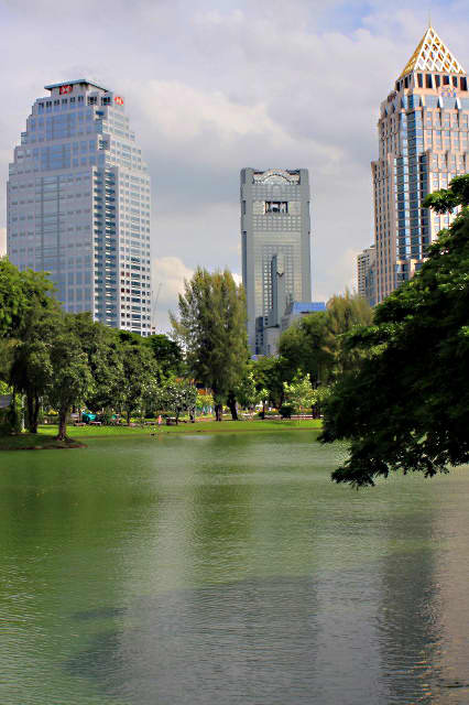 The Lumpini Lake, with skyscrapers beyond. In the park you only have to look to the horizon to see that the bustling city of Bangkok is never very far away