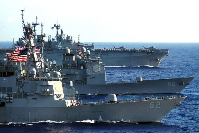 Pacific Ocean (Aug. 13, 2005) The guided missile cruiser USS Chancellorsville (CG 62), the guided missile destroyer USS Fitzgerald (DDG 62) and the amphibious assault ship USS Boxer (LHD 4) during the 3rd annual Joint Air and Sea Exercise (JASEX).