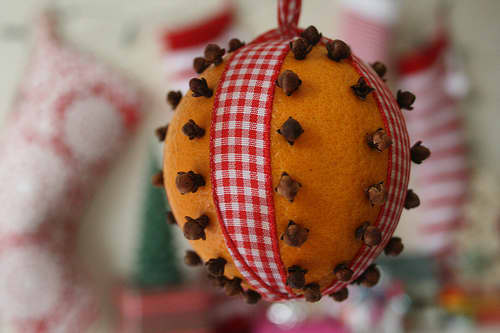 This is what a sweet-selling moth repellent finished product could look like, but use your own imagination when placing the cloves and choosing the ribbon to use.