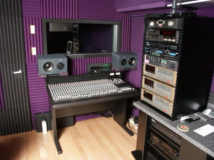 An example of a simple recording studio that you can set up in your home, garage, basement, or large shed.