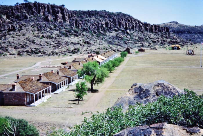 Row of officer's housing at Fort Davis in West Texas as viewed from a nature trail above the fort grounds.