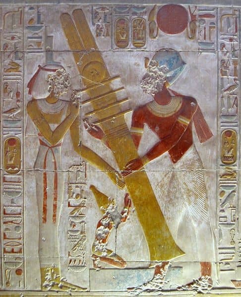 Pharaoh Seti I reestablishes "the pillar of stability" during a royal festival, with the goddess Isis and his own self assisting.