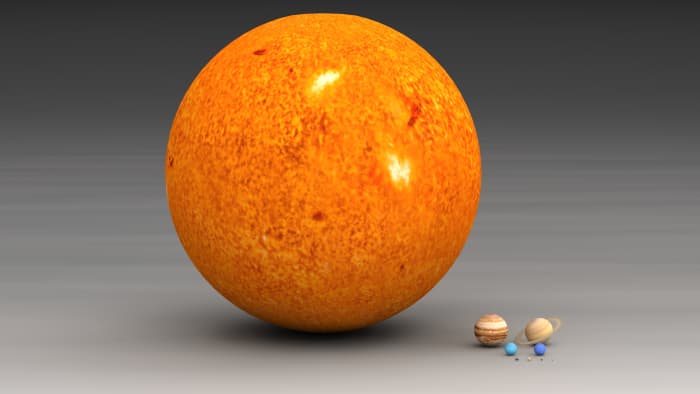A comparison of the size of our Sun with the planets in our Solar System.