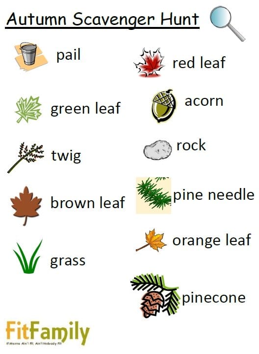 Here is an example of a Fall Scavenger Hunt list with pictures for little ones who are not yet reading.