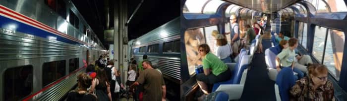 Passengers board California Zephyr at Chicago Union Station (left); passengers enjoy spectacular view of Mississippi River from Sightseer-Lounge car (right).