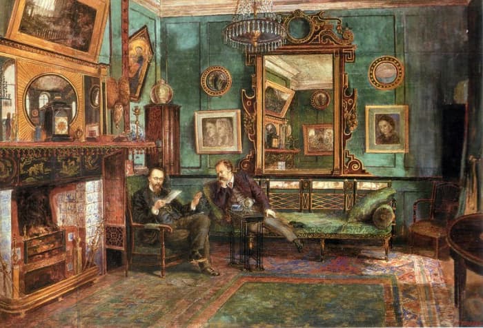 Room typical of eclectic Victorian Era interior design with a mix of cultural and stylistic elements: an oriental carpet, a Turkish divan, Far East design on the mantel, a Byzantine style iconography on one wall, LouisXIV-like mirrors and chandelier