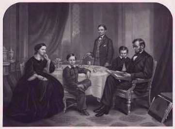 Abraham and Mary with their sons Thomas (Tad), Robert and William (Willie). Note: This is a painting by the artist Francis Carpenter. Lincoln never took a photo with his entire family or one alone with his wife.