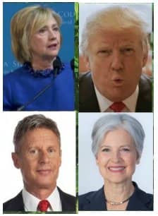 Montage of the Four Leading Candidates that most United States voters will see on their ballot. Originally from http://fermentation-com.wpengine.netdna-cdn.com/wp-content/uploads/president2016.jpg