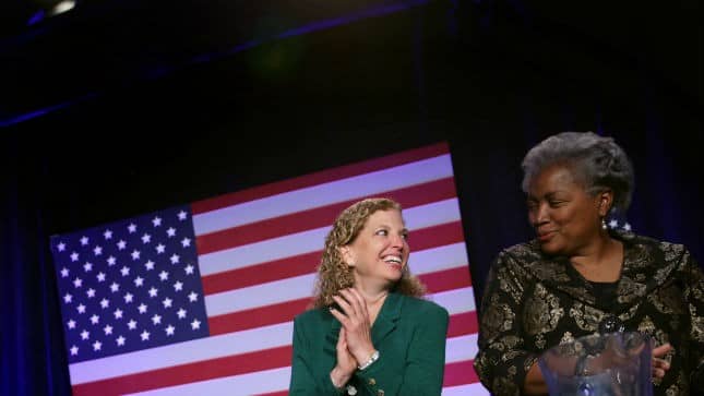 Former DNC chairwoman Debbie Wasserman Schultz (left) and interim DNC chairwoman Donna Brazile (right)