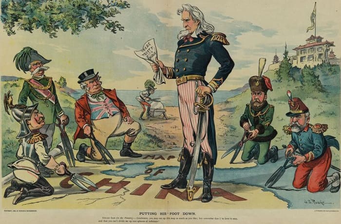 Lithograph: Putting his foot down (ca. 1899); work by J.S. Pughe; property of U.S. Government courtesy of Wikimedia Commons. Work is in the public domain.