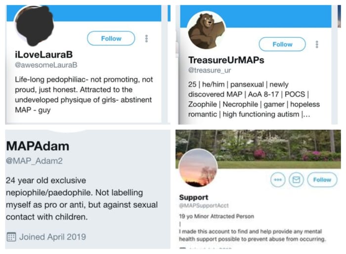Twitter profiles used by so-called MAPS (Minor Attracted Persons). I redacted part of profile photo #1 as it featured the face of a child. In photo #2 the pedophile lists his 'AOA' (Age of Attraction) as beginning at 8 years old!