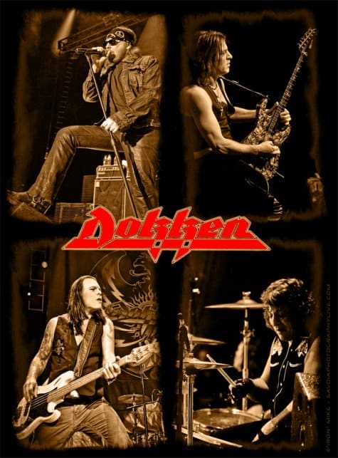 Dokken 2012 touring lineup, clockwise from top left: Don Dokken (vocals), Jon Levin (guitar), "Wild" Mick Brown (drums), Sean McNabb (bass). As of 2015, McNabb has since been replaced by Chris McCarvill.