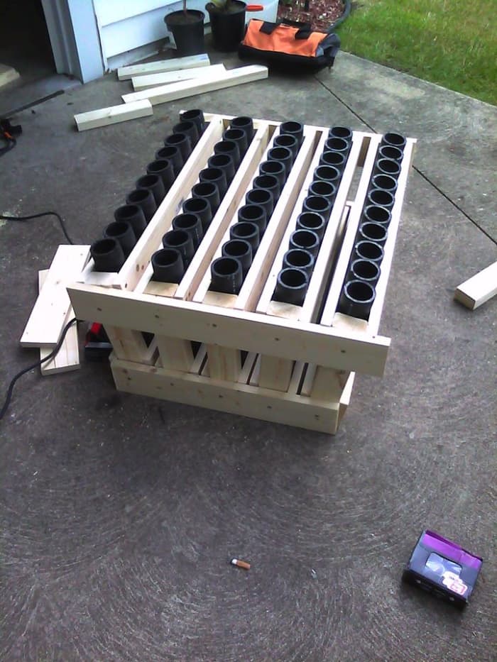 You don't have to worry about this 50-shot fanned mortar tube rack moving once the fuse is ignited; it weighs about 85 lbs.