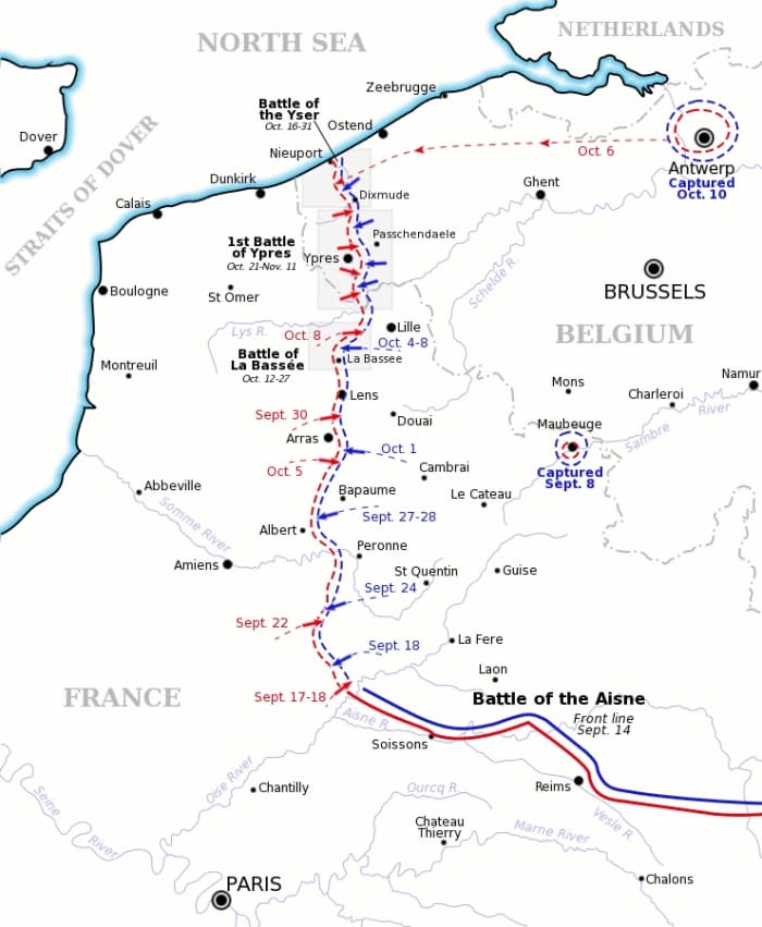 WW1: Map showing the course of the "Race to the Sea" in1914 after the Battle of the Aisne. Allied front line and movement is shown in red, German front line and movement shown in blue. Three of the battles that occurred during or after the "race