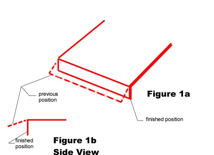 Fig. 1a is an isometric view of a sheet metal part. Note the dashed lines denote the position the metal is in when it's placed in the die performing the flanging operation. Fig. 1b is the same part in a side view.