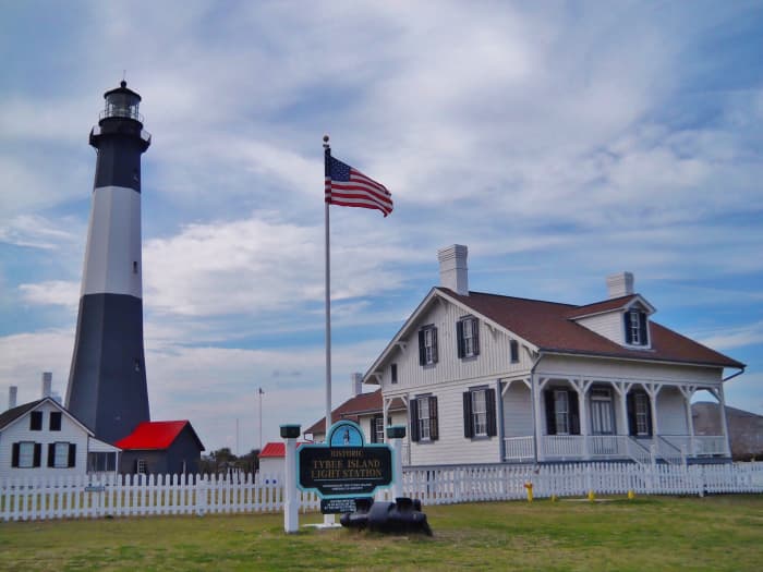 Tybee Island Lighthouse compound. Includes lighthouse keeper's and assistant's quarter's, summer house, typical Tybee Island vacation house and gift shop.