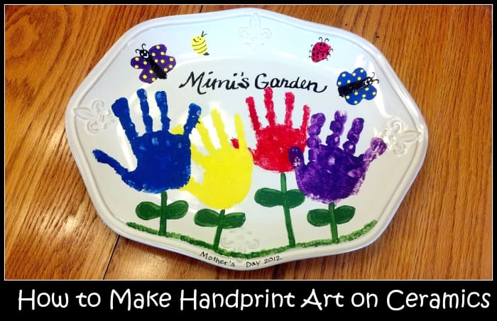 A paint plate with your child's handprints on a ceramic platter makes a sweet homemade gift. Ceramic painting for kids is a fun activity any time of year!