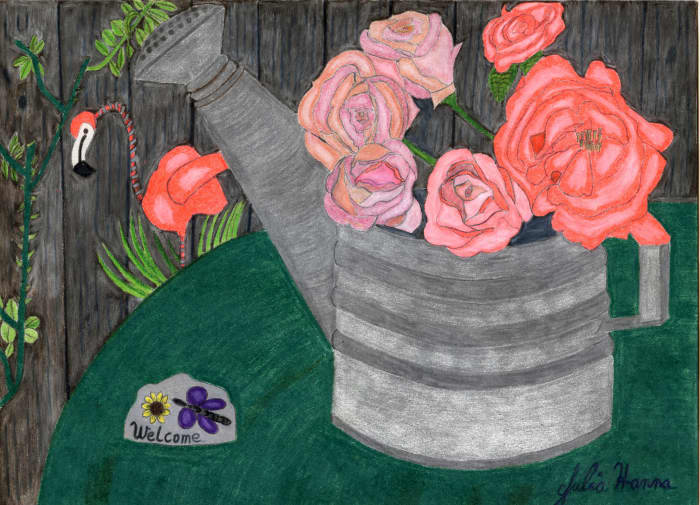 The scanned version of my colored pencil drawing of the roses in the watering can.