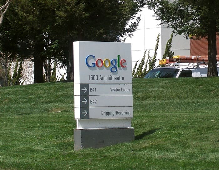 A Google sign outside the Googleplex building a the company's headquarters in Mountain View, California