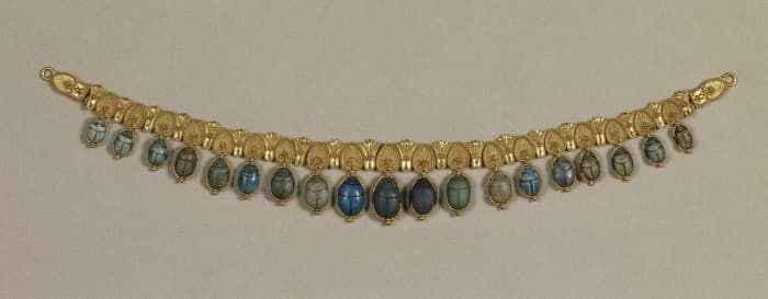 In Ancient Egypt, jewelry played a large part in their society. The richer Egyptians tended to wear the jewelry with gold and gems, whereas the poorer Egyptians usually made theirs out of glass beads.