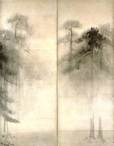 Portion of the famous painting "Pine Trees." by Japanese painter Hasegawa Tohaku (1539-1610)