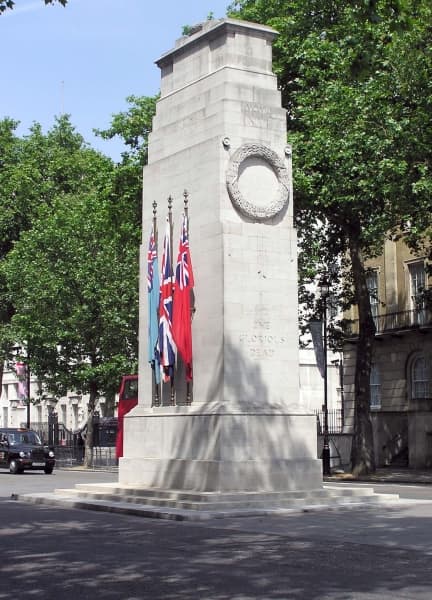 The Cenotaph in Whitehall, London was constructed to commemorate British soldiers who died in the 1914-1918 War, but later changed to honor the dead in all wars.
