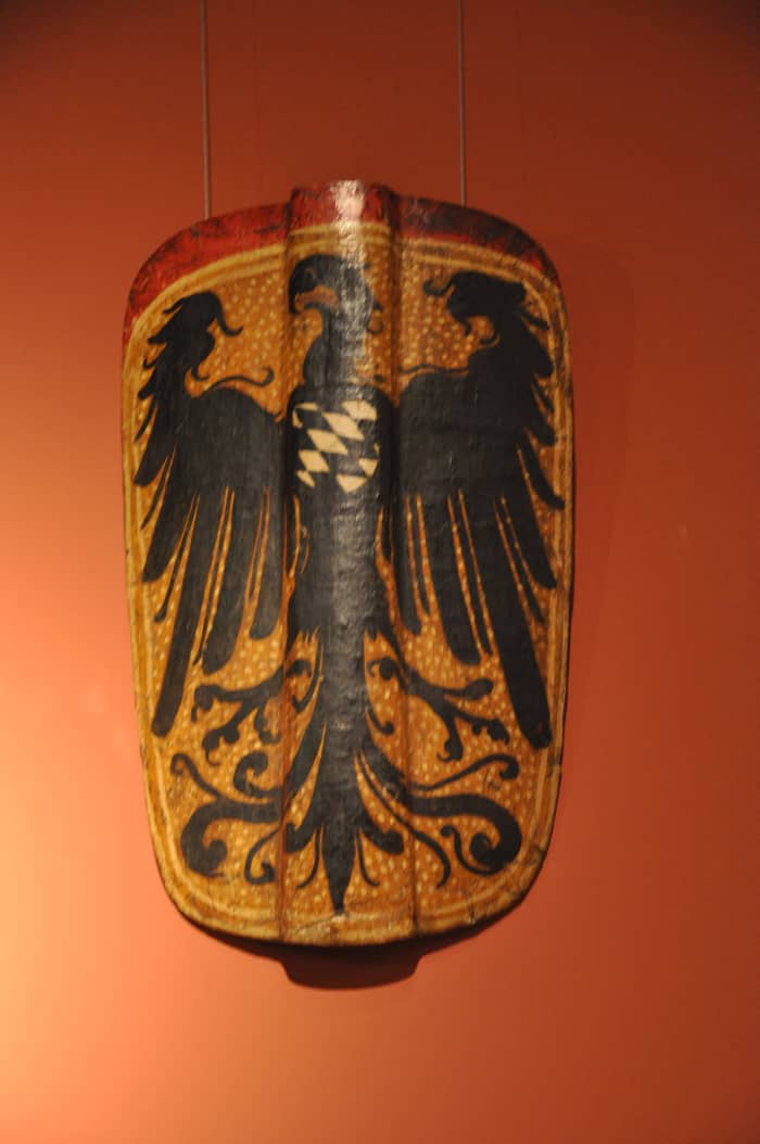 A pavise from Bavaria, dated to the late Middle Ages and painted with the arms of Shongau