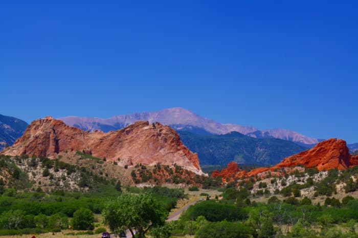 Garden of the Gods with Pikes Peak in the background. The Ute Indians often wintered at the Garden and had a tradition of ascending the Peak.