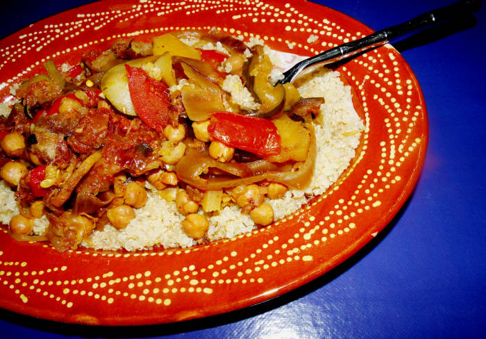 Moroccan vegetables roasted in yummy cinnamon and other spices is warming in the winter. Cooking in the Crock-Pot or slow cooker keeps your house cool in the summer.
