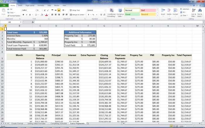 The completed Mortgage Calculator with additional columns for Property Tax, PMI and Property Insurance.