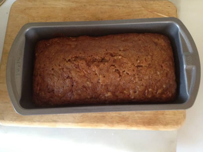 Loaf of zucchini nut bread with crushed pineapple (recipe makes 2 loaves). It's done when brown and the top cracks.