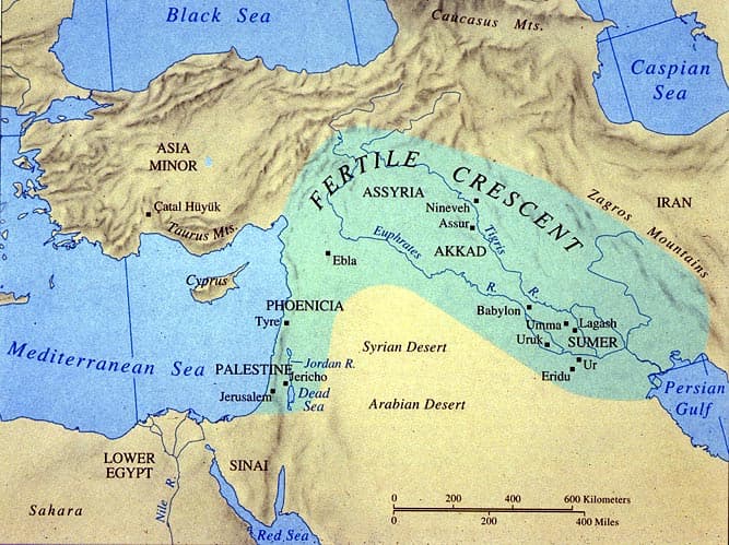A map depicting the greatest extent of the Mesopotamian empire, shown in green. The area is also known as the fertile crescent.