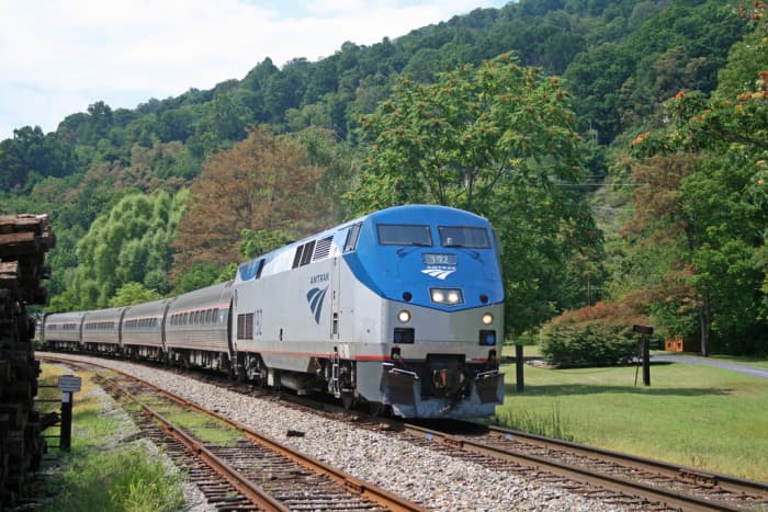 Amtrak 192 (a P42DC) leads "The Cardinal" through Afton, VA on its way to Charlottesville. Afton is near the top of the Blue Ridge Mountains.