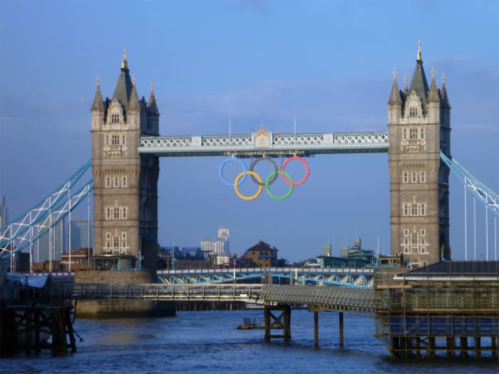 The Tower Bridge of London was decorated with the Olympic Rings to celebrate the Games of the XXX Olympiad, held in London in 2012.